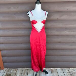 Vintage Red Silky Maxi Nightgown with Cream Lace Inlay Coquette Glamour